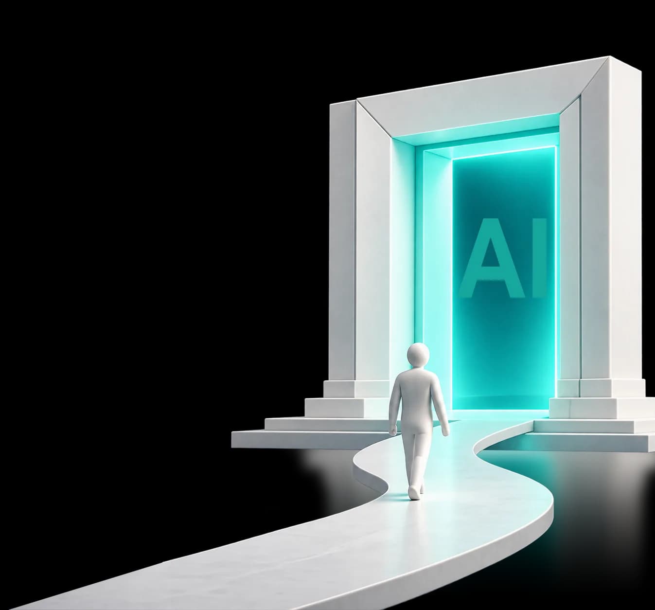 A figure walking along a path towards a glowing doorway marked AI