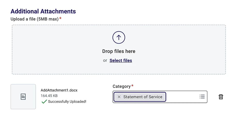 Additional Attachments upload area on a job application, with a successfully uploaded file and a Category field set to Statement of Service