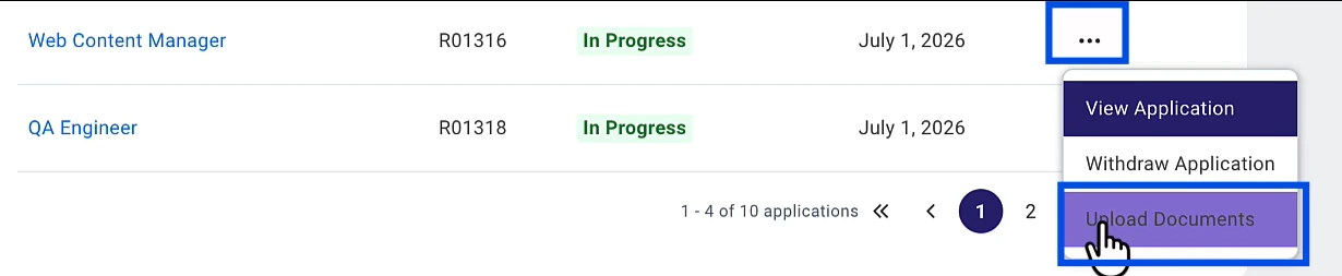 The candidate's applications list with an Upload Documents option in the row actions menu