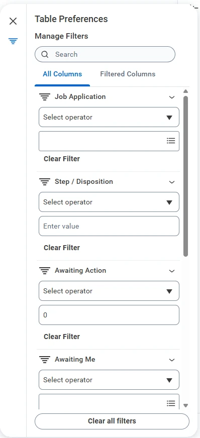 Table Preferences panel for the Candidate Grid, showing Manage Filters with per-column filter operators and a Clear all filters button