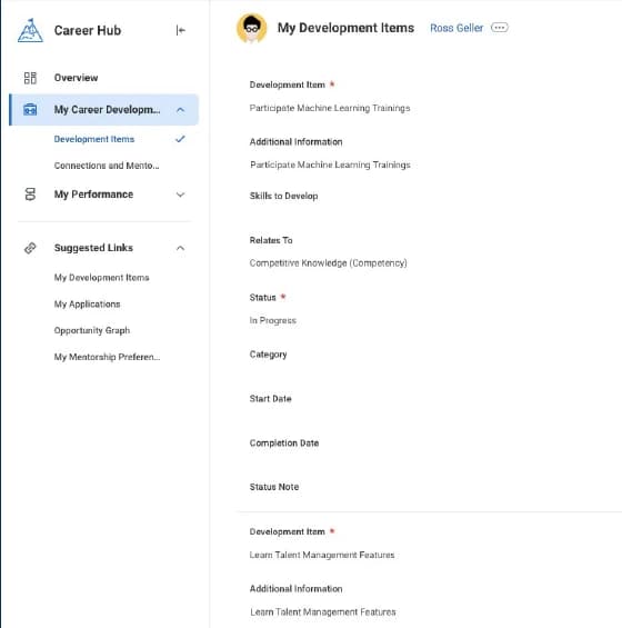 Career Hub My Development Items showing development items with their status and category