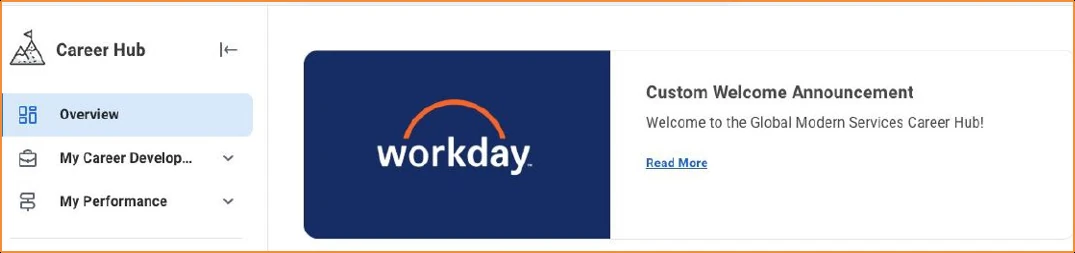 Career Hub Overview with a custom welcome announcement card