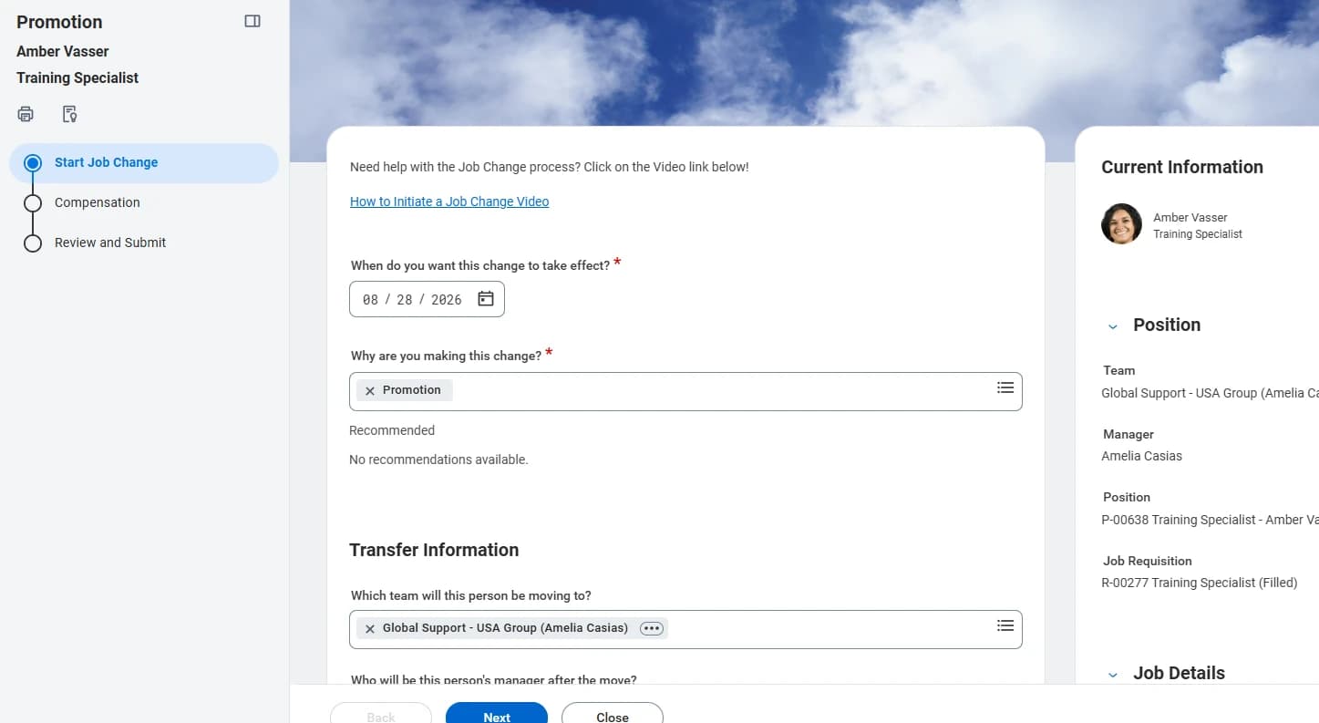 The enhanced Promotion job change page showing the guided steps, transfer information and the worker's current position
