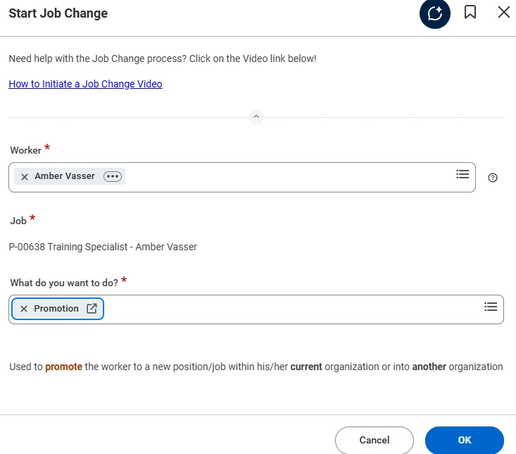 Start Job Change - selecting a worker and choosing Promotion as the job change reason