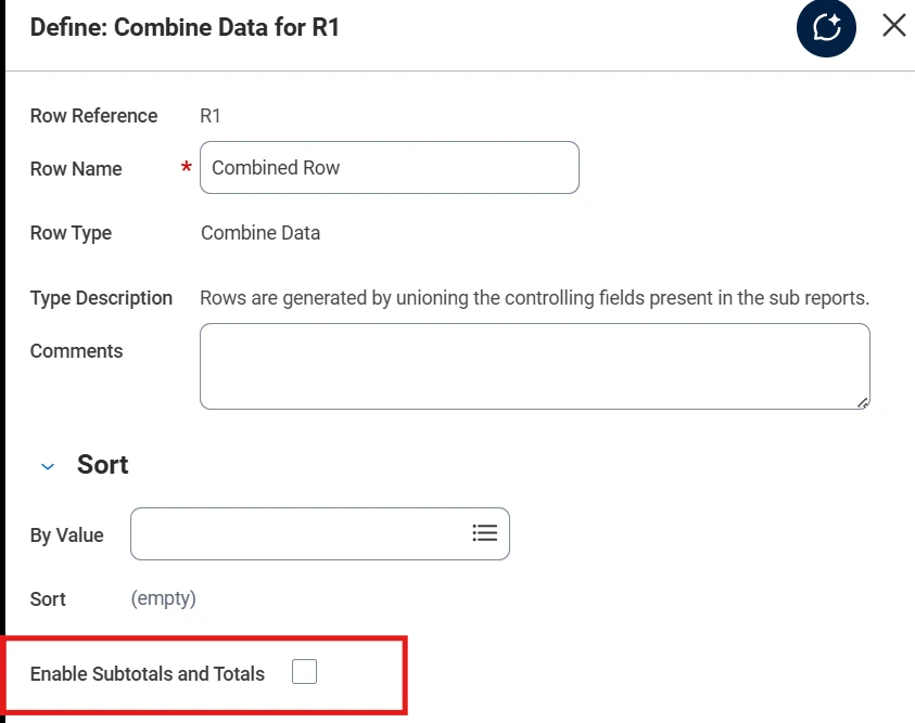 Define Combine Data for R1 with the Enable Subtotals and Totals checkbox highlighted