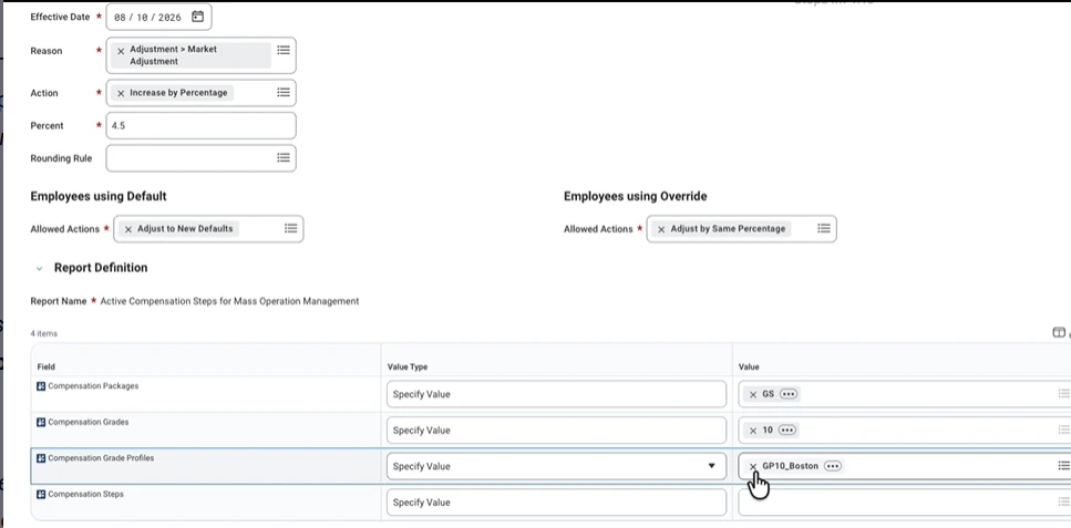 Compensation Step Adjustment details showing the percentage increase, allowed actions for default and override employees, and the report definition