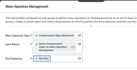 Mass Operation Management task with Mass Operation Type set to Compensation Step Adjustment, an input report and Run Frequency