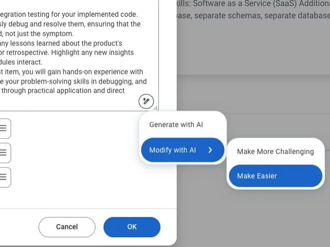The Generate with AI prompt for a development item, with Modify with AI sub-options for Make More Challenging and Make Easier