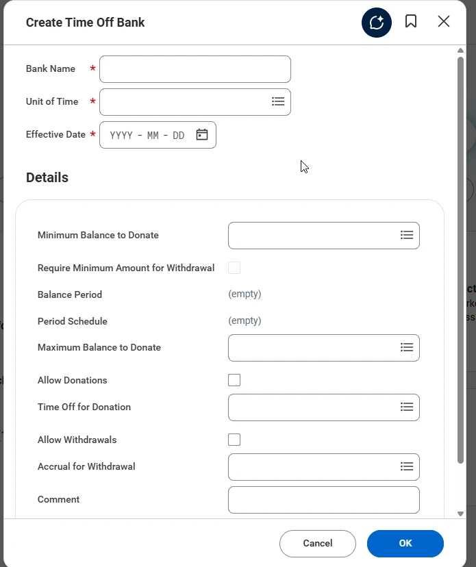 Create Time Off Bank dialog with bank name, unit of time, effective date and donation/withdrawal detail fields