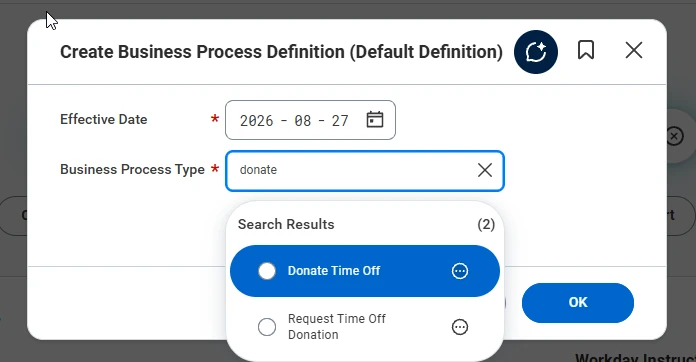 Create Business Process Definition dialog with Donate Time Off selected as the business process type