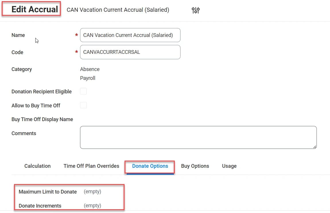 Edit Accrual configuration on the Donate Options tab with Maximum Limit to Donate and Donate Increments