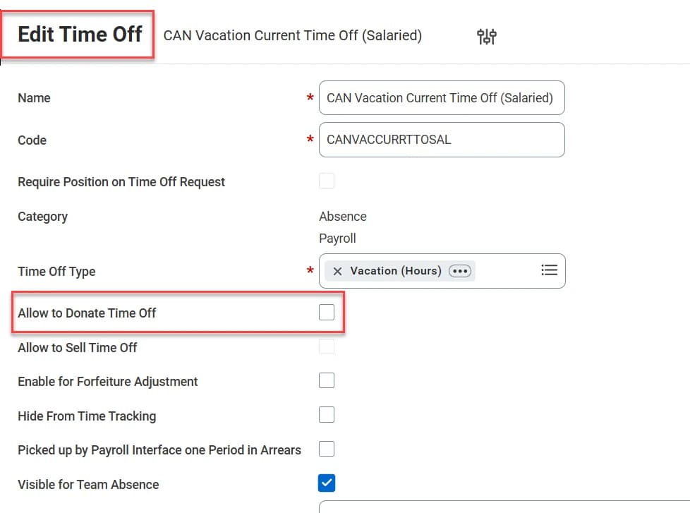 Edit Time Off configuration for a Vacation time off type with the Allow to Donate Time Off checkbox highlighted