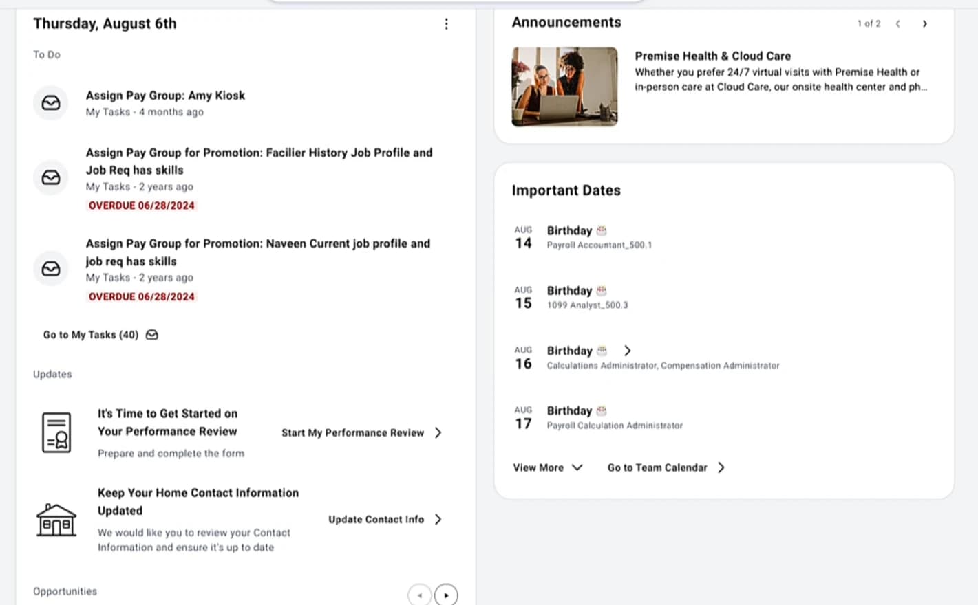 The configurable Workday Home page in a two-column layout, with the Daily Brief To Do and Updates on the left and Announcements and Important Dates on the right