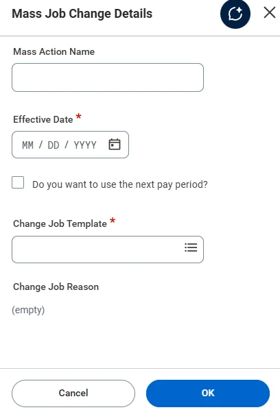 Mass Job Change Details prompt - effective date, change job template and change job reason