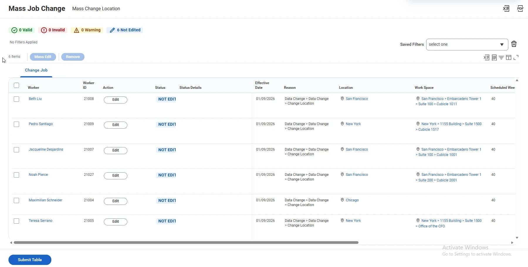 Mass Job Change table showing the selected workers with their change job details ready to edit and submit