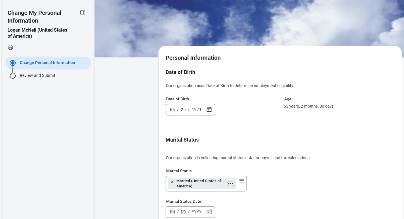 The new Change My Personal Information experience showing the Date of Birth and Marital Status fields with organisation context copy