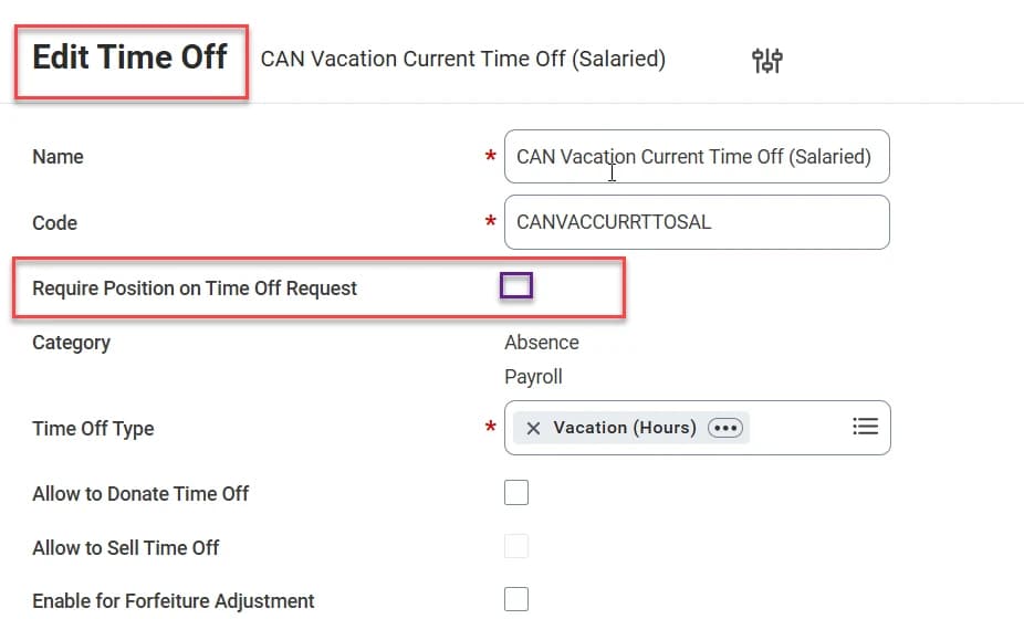 Edit Time Off configuration with the Require Position on Time Off Request checkbox highlighted