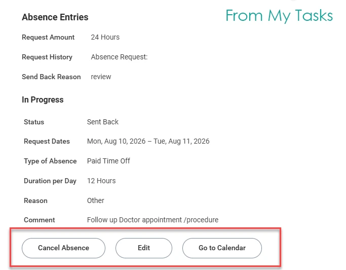 Revising a sent-back absence entry from My Tasks, with Cancel Absence, Edit and Go to Calendar actions